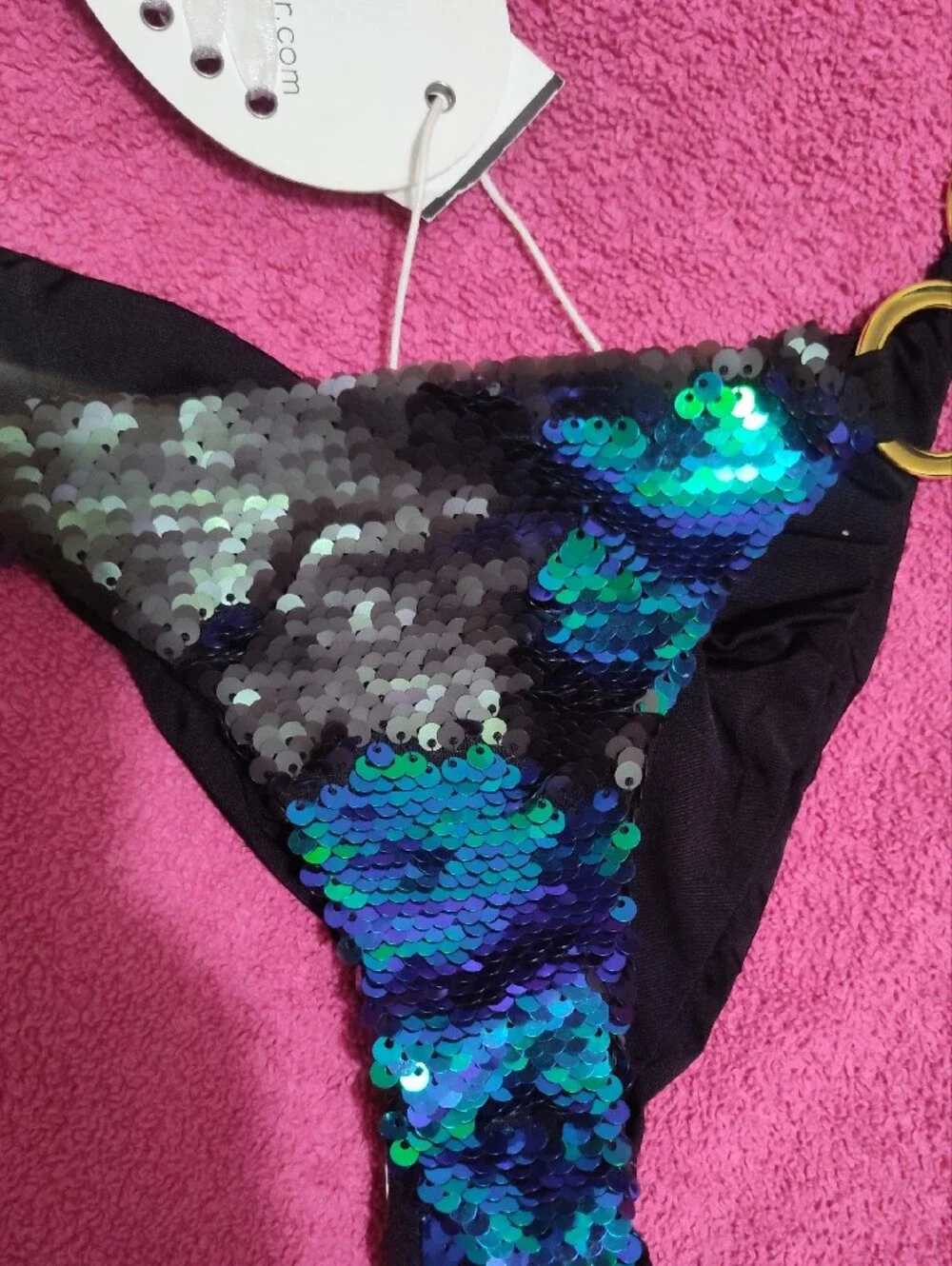 Beach Bunny Black Bikini Bottom with Blue-Green Iridescent Sequins
